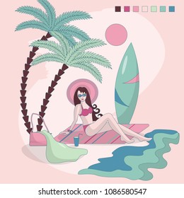 
Vector illustration of a happy girl resting by the sea. The girl smiles. Summer, sun, sea, palm trees. Surfing, glasses, hat, mat. Flat style. Magazine illustration. Isolated objects. 