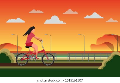 Vector illustration of happy girl riding bicycle on sunset scene near the sea