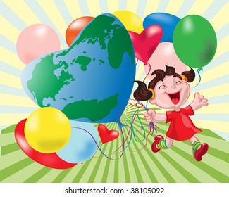 vector illustration, happy girl running with balloons in her hands, green world  concept.