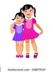 Vector Illustration. Happy girl sisters holding hands.