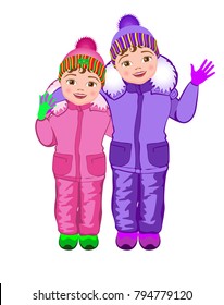 Vector Illustration. Happy girl sisters holding hands.