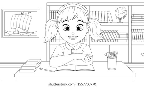 Vector illustration, happy girl sitting at a desk at school, coloring book