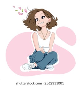 Vector Illustration of a Happy Girl Sitting with a Cup in Anime Style on Transparent Background. Image Cartoon Style