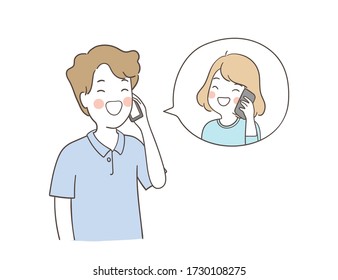 Vector illustration happy girl speaking on phone with her dad.Father's day concept.Doodle cartoon style.