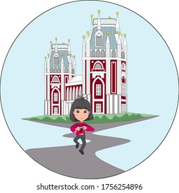 vector illustration happy girl, walking along path from museum architecture of the scenic Tsaritsyno reserve, clutching a copy of the ancient arch in Empress Catherine II, castle, Greenhouses, Histori