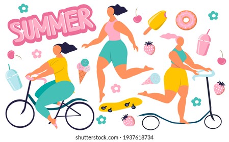 vector illustration - happy girls go in for summer sports, bike, scooter, skate. set of elements on a summer theme - ice cream, flowers, cocktails. flat trend illustration for web, app, stickers