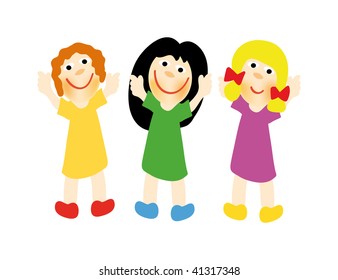 vector illustration of happy girls isolated on white background