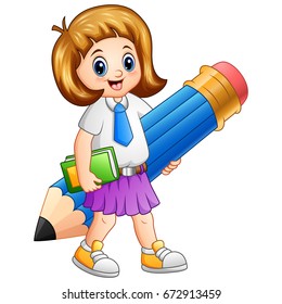 Vector illustration of Happy girlschool holding blue pencil