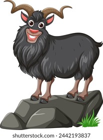 Vector illustration of a happy goat standing on rocks.