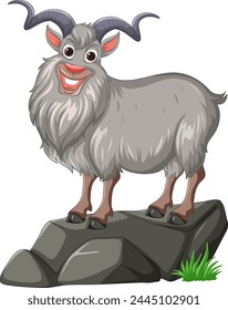 Ilustración vectorial de una cabra feliz de pie en las rocas.
