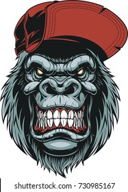 Vector illustration of a happy gorilla head in a red baseball cap, on a white background