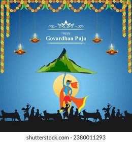 Vector illustration of Happy Govardhan Puja social media feed template written hindi text means govardhan puja