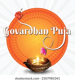 Vector illustration of Happy Govardhan Puja social media feed template written hindi text means govardhan puja