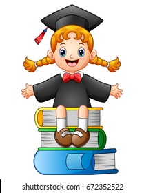Vector illustration of Happy graduate kid sitting on the top of book