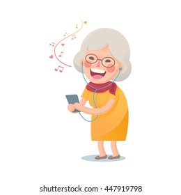 Vector Illustration of Happy Grandma Listen the Music From Smart Phone Isolated  on White Background, Cute Cartoon Character
