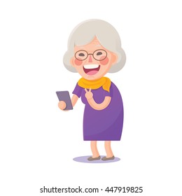 Vector Illustration of Happy Grandma Selfie on Smart Phone Isolated  on White Background, Cute Cartoon Character
