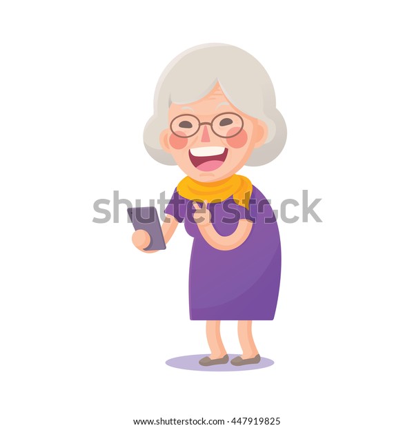 白い背景に幸せなおばあちゃんの自撮り かわいい漫画のキャラクターのベクターイラスト のベクター画像素材 ロイヤリティフリー