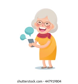 Vector Illustration of Happy Grandma Using Smart Phone Isolated  on White Background, Cute Cartoon Character
