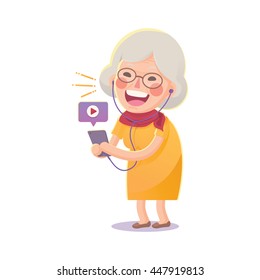 Vector Illustration of Happy Grandma Watch Movie From Smart Phone Isolated  on White Background, Cute Cartoon Character
