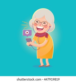 Vector Illustration of Happy Grandma Watch Movie From Smart Phone , Cute Cartoon Character
