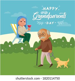 Vector illustration of Happy Grandparents Day Banner Design. Old lady is drinking juice and old man is jogging with dog. 