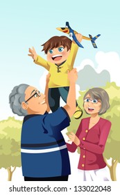 A vector illustration of happy grandparents playing with their grandson