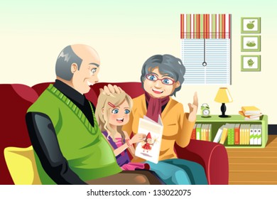 A vector illustration of happy grandparents and their little granddaughter reading a book  together