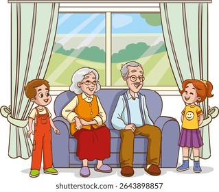 vector illustration of happy grandparents with their grandchildren