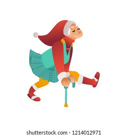 Vector illustration of happy granny in festive clothes and Santa Claus red hat dancing with happiness isolated on white background - cartoon grandmother during winter holidays.