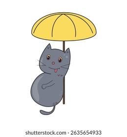 Vector illustration of happy gray cat under a big yellow umbrella.