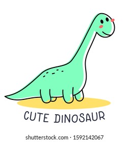 Vector illustration of happy green dinosaur brontosaurus character on white background. Flat doddle line art style design of dinosaur diplodocus for web, site, poster, banner, print, sticker