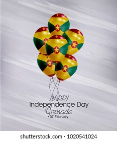  Vector illustration of  Happy Grenada Independence Day 07 Februay. Balloons with flags isolated on gray background.
