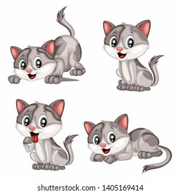 Vector Illustration of a Happy Grey Cat. Cute Cartoon Cat Isolated on a White Background. Happy Animals Set