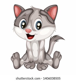 Vector Illustration of a Happy Grey Cat. Cute Cartoon Cat Isolated on a White Background. Happy Animals Set