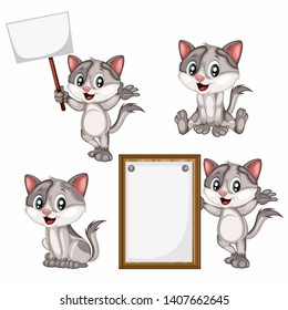 Vector Illustration of a Happy Grey Cat. Cute Cartoon Cat Isolated on a White Background. Happy Animals Set