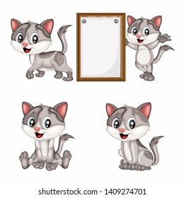 Vector Illustration of a Happy Grey Cat. Cute Cartoon Cat Isolated on a White Background. Happy Animals Set