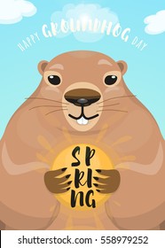 Vector illustration of happy groundhog day design with cute groundhog with sun in his hands foreshadow spring and greeting text sign