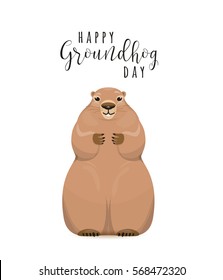 Vector illustration of happy groundhog day design with cute groundhog in the hole and greeting text sign