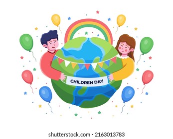 Vector Illustration Happy Group Children Celebrating World Children's  Day.
Happy International Children's Day.
Can be use for greeting card, postcard, poster, banner, web, animation, etc