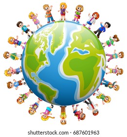 Vector illustration of Happy group of children standing around the world
