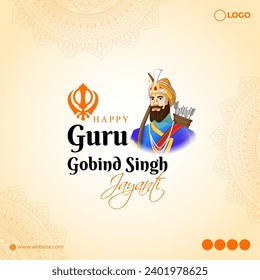 Vector illustration of Happy Guru Gobind Singh Jayanti social media feed template written hindi text means guru gobind singh