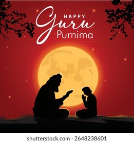 Vector Illustration of Happy Guru Purnima creative banner design in full moon night view, Guru and student