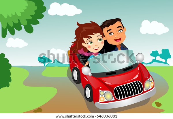 Vector illustration of happy guy with a girl\
riding in a\
cabriolet.\
