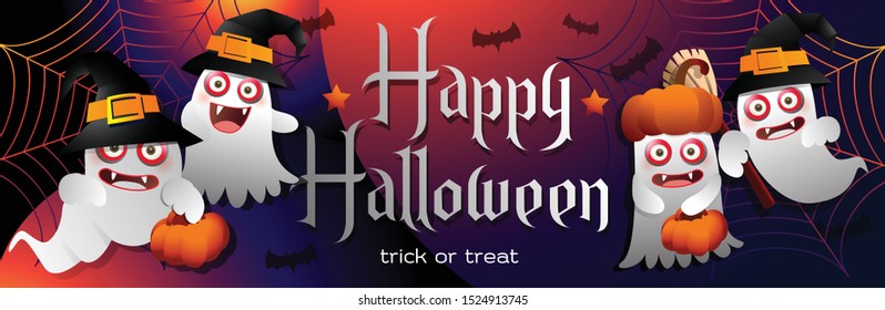 Vector Illustration Of Happy Halloween Background Ghosts. Happy Halloween Banner Party Celebration Flat Vector Illustration