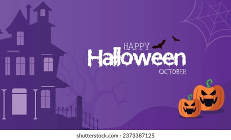 Vector illustration Happy Halloween Banner with pumpkin, ghost house, bats, trees and spiders