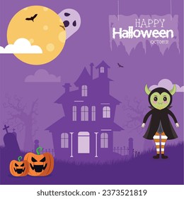 Vector illustration Happy Halloween Banner with witch and house template