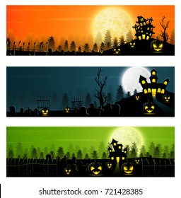 Vector illustration of Happy Halloween banner set with pumpkins and castle