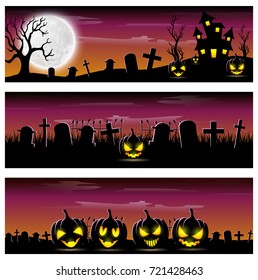 Vector illustration of Happy Halloween banner set with scary pumpkins