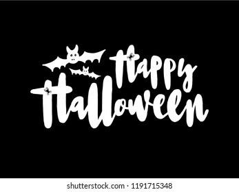 Vector illustration of Happy Halloween with bat and spider for banner, greeting card, party invitation, postcard, typography poster.Handwritten lettering. Holiday calligraphy quote on background.