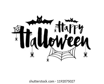 Vector illustration of Happy Halloween with bat, spider and web for banner, greeting card, party invitation, postcard, typography poster.Handwritten lettering. Holiday calligraphy quote on background.